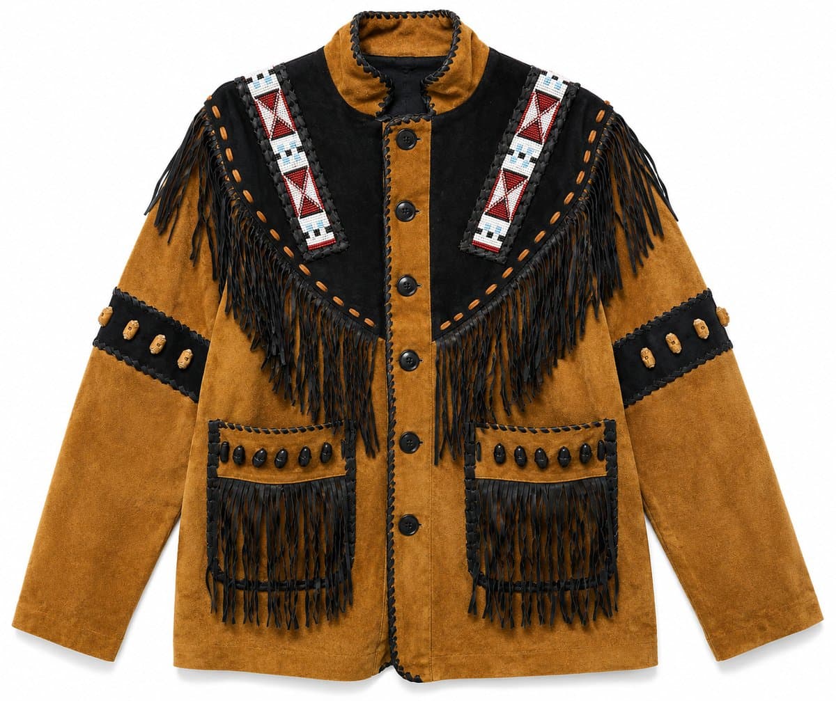 Beaded Suede Western Jacket — Camel & Black