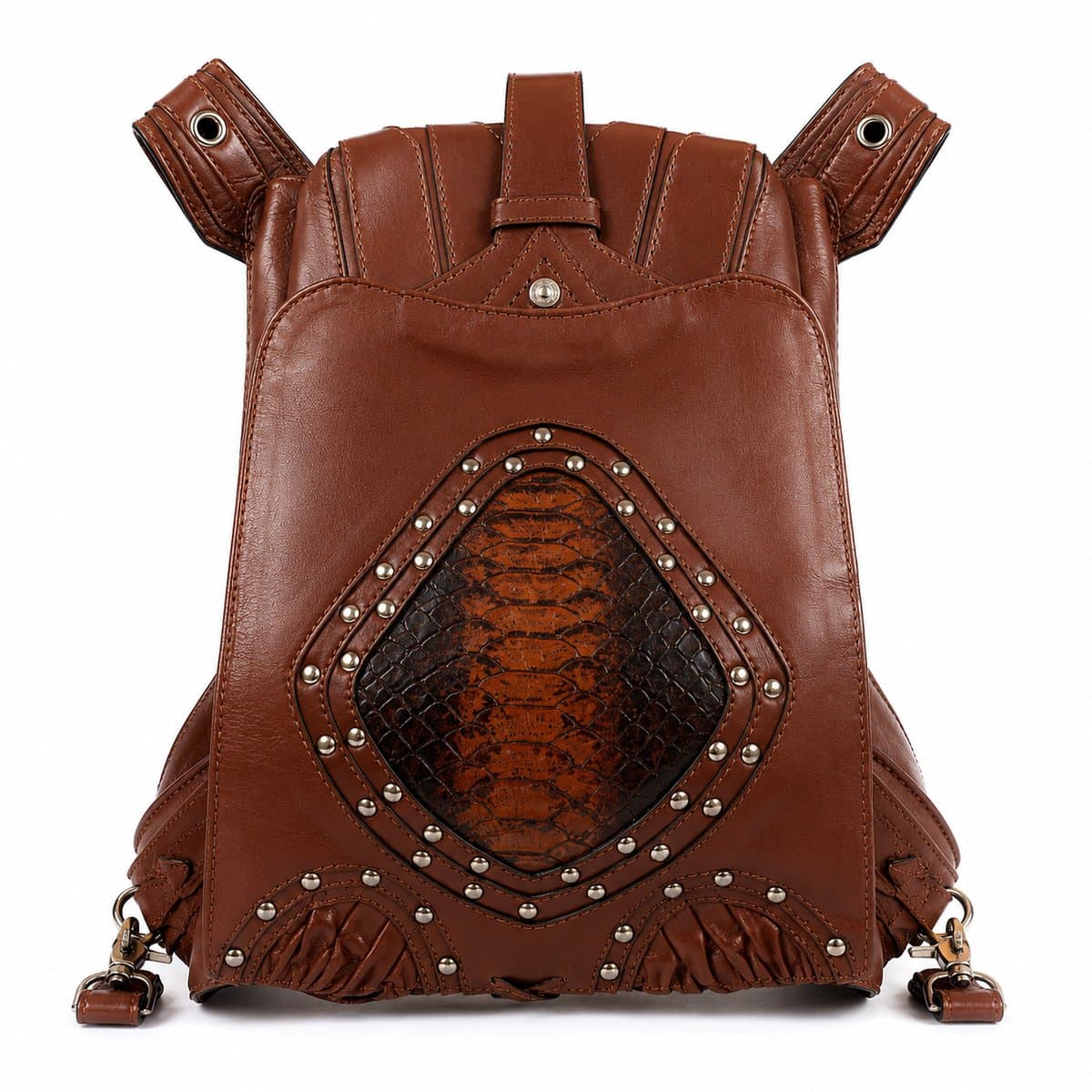 Croc-Embossed Studded Convertible Backpack — Cognac