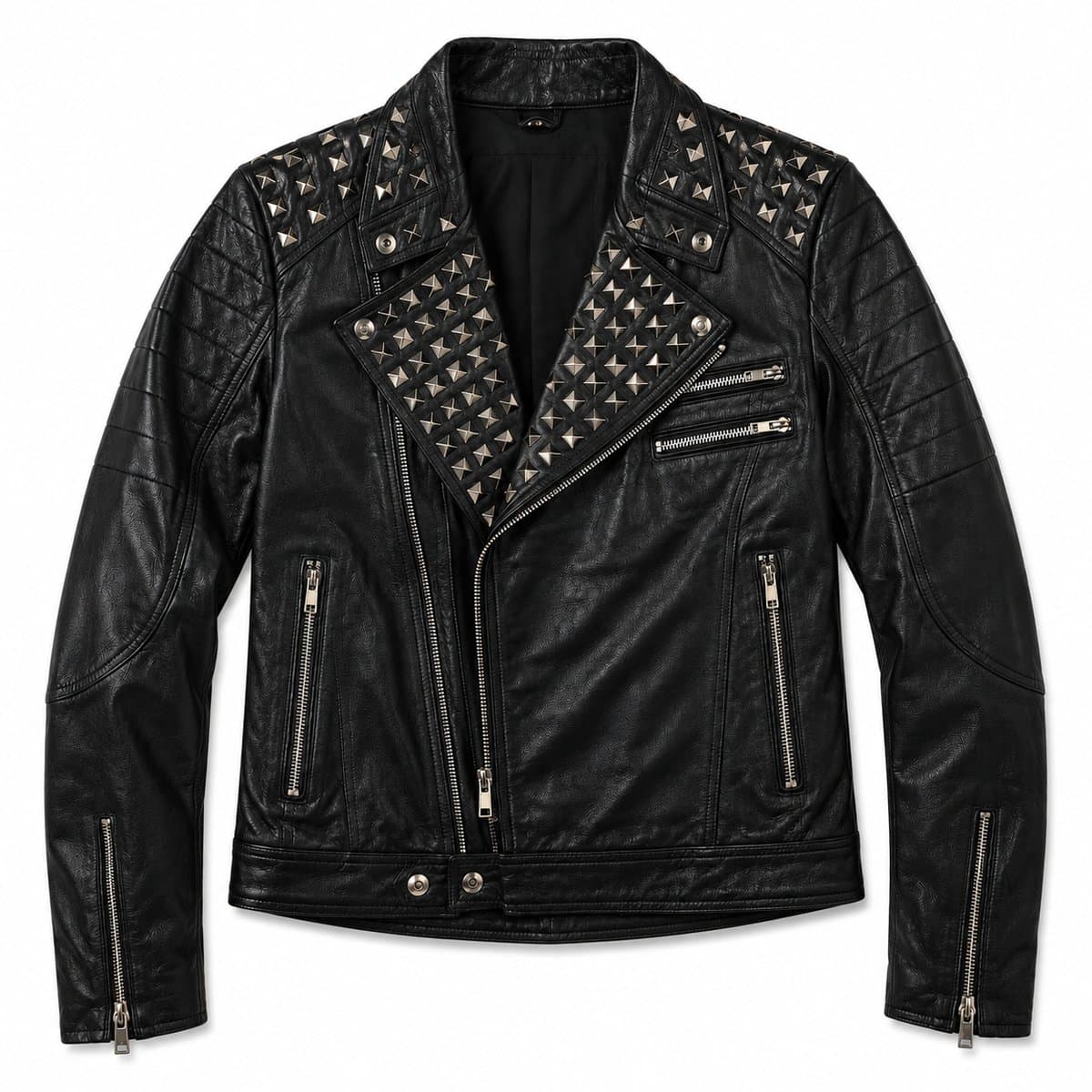 Pyramid-Stud Leather Biker Jacket — Black