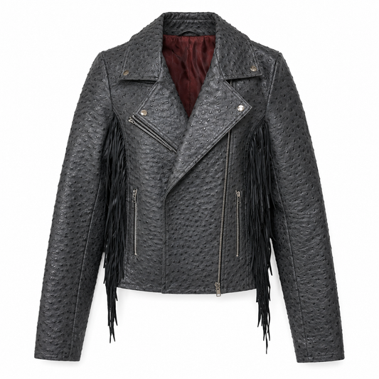 Ostrich-Embossed Fringe Moto Jacket